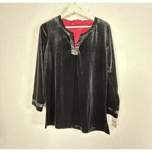 Oscar De La Renta Pink Label Black Womens Velvet Tunic Top Small Satin Trim New